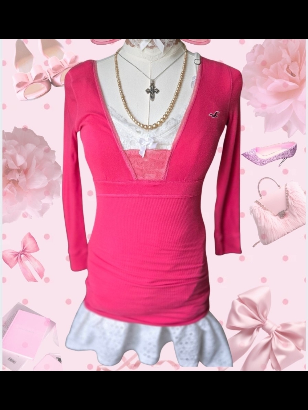 Hollister GRAIL RARE Vibrant Pink Deep V Lace Ribbed Long-Sleeve Babydoll Top